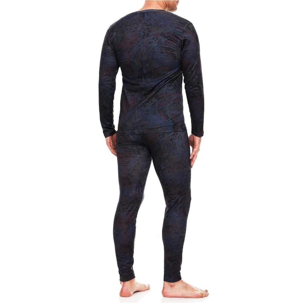 Ed Hardy Men’s 2pc. Base Layer Long Underwear Set Graphic Fleece Lined Black Lrg